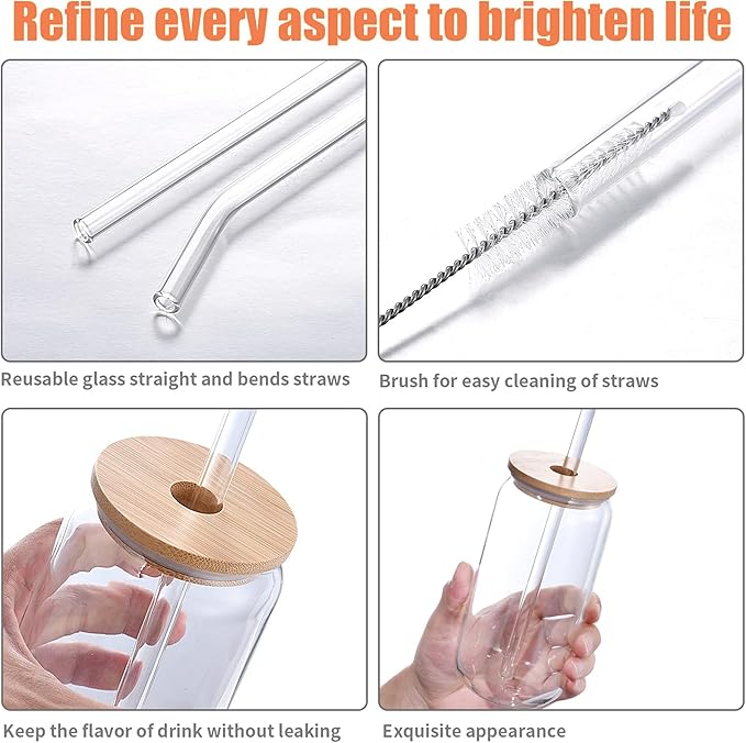 Glass Cups with Lids and Straws 20oz, 12psc Glass Drinking Set, Beer Can Cups with Bamboo Lids, Tumbler Cup with Straw for Ice Coffee, Cocktail, Whiskey, Soda Boba Tea -2 Cleaning Brushes.