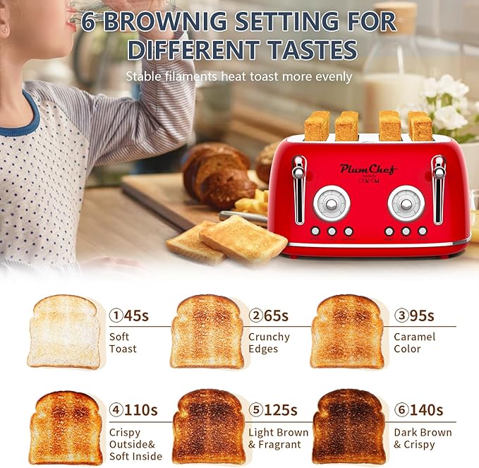 4 Slice Retro Style Toaster, Dual Control Toaster, 6 Browning Settings, Bagel/Defrost Functions, Removable Crumb Tray, Stainless Steel Housing 1650W, Red