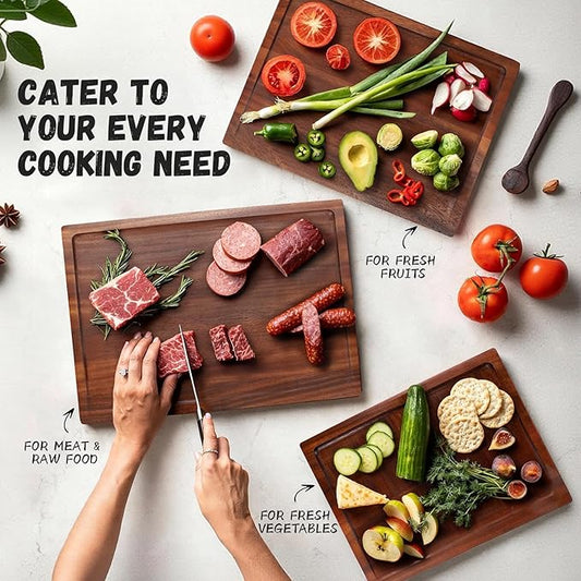 3-Piece Solid Walnut Wood Cutting Boards with Anti-Slip Holder, Chopping Block with Juice Deep Groove & Invisible Handles for Kitchen Meats Vegetables, 100% Natural Walnut, Perfect Housewarming Gift