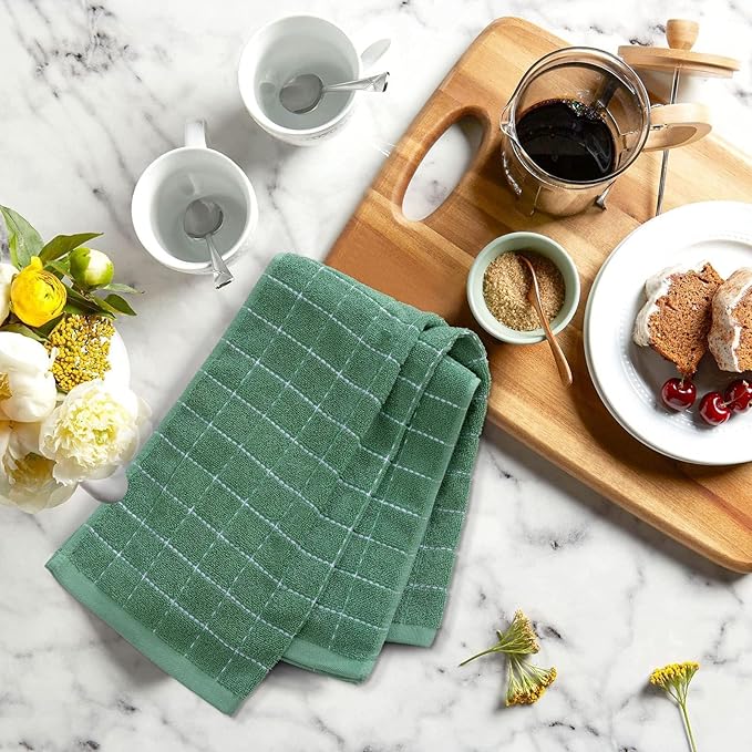 Mordimy 100% Cotton Terry Cloth Kitchen Towels, Super Soft and Absorbent Dish Towels for Drying, Checkered Designed Hand Towels for Kitchen, 16 x 26 Inches, 8 Pack, Grass Green