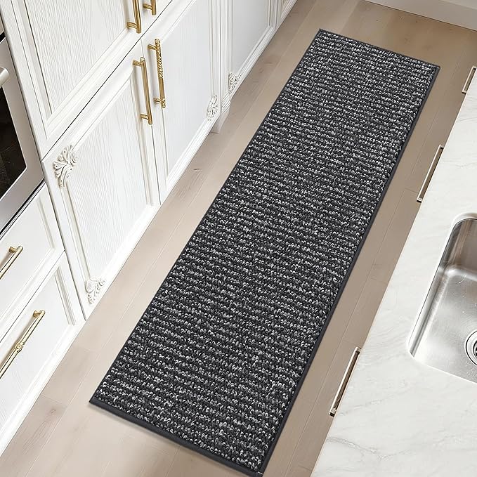 JSEI Kitchen Runner Rugs, 17''x60'' Non-Slip Kitchen Mats for Floor, Machine Washable Absorbent and Stain Resistant Kitchen Rug, Carpet Mats with TPR Backing for Kitchen, Charcoal