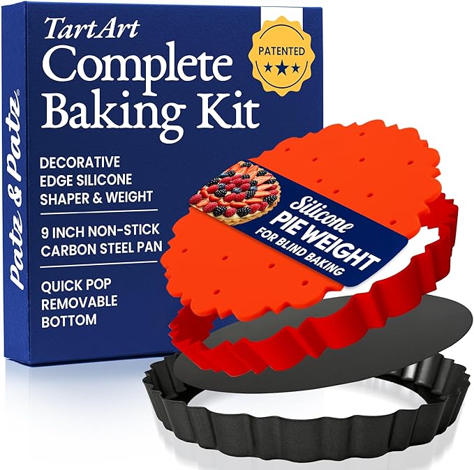 Patz&Patz All-in-One Fluted Tart Pan 9 Inch Removable Bottom Set with Patented Silicone Crust Shaper & Pie Weight - Quiche Baking Dish & Tart Molds for Baking Fruit Tarts, Pies & Quiches