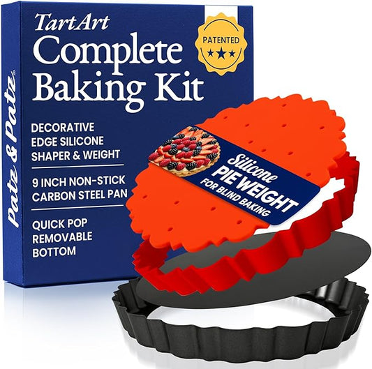 Patz&Patz All-in-One Fluted Tart Pan 9 Inch Removable Bottom Set with Patented Silicone Crust Shaper & Pie Weight - Quiche Baking Dish & Tart Molds for Baking Fruit Tarts, Pies & Quiches