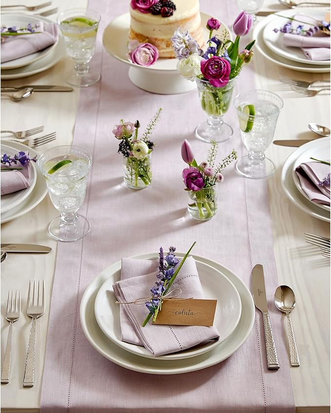 Solino Home Linen Lilac Table Runner 120 Inches Long - 100% Pure Linen Hemstitch 14 x 120 Inch Table Runner for Dining, Valentines, Spring, Easter - Classic Hemstitch