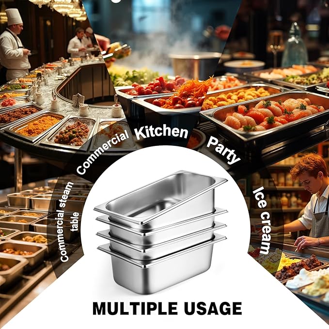 West Bay 4 Pack 1/4 Size Hotel Pan with Lids, 4'' Deep Steam Table Pan with Lid, 10.2''L x 6.3''W Stainless Steel Pans for Home, Party, Hotel, Buffet