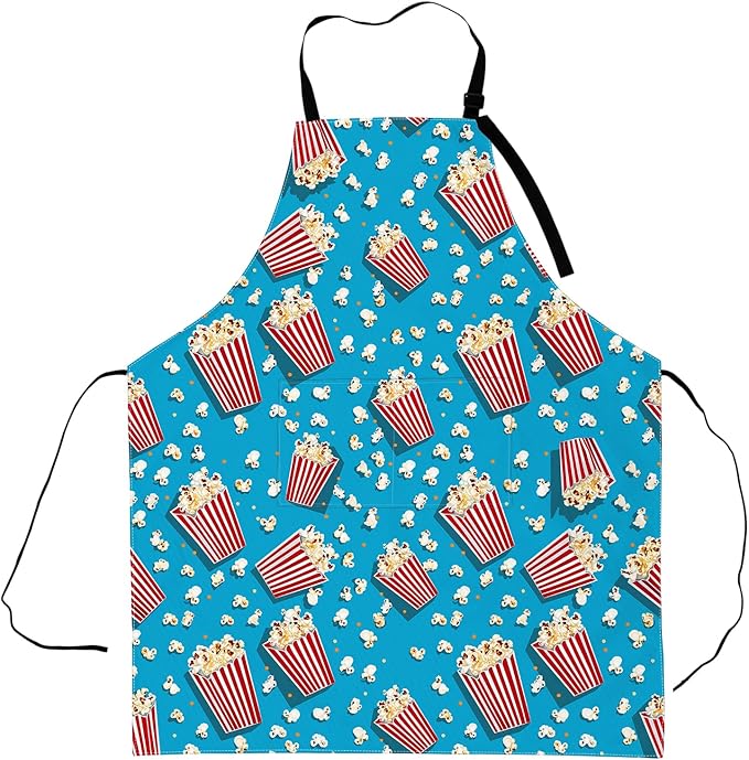 Popcorn Movie Apron,Adjustable Waterproof Oxford Fabric Kitchen Apron with 2 Pockets for Men and Women, Cooking, Baking, BBQ, Coffee Shop, Housewarming Gifts, 28x33 Inches