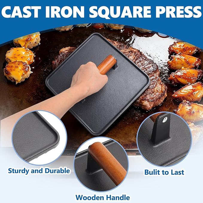 SafBbcue 10" Square Bacon Press & Rectangle Meat Press, Heavy Duty Cast Iron Griddle Press Smash Burger Press Compatible with Blackstone Flat Top Griddle Grills, Hamburger Smasher Tool Patty Maker