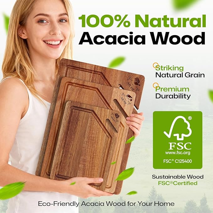 AIUHI Premium Wooden Cutting Boards for Kitchen, 3-Piece Acacia Wooden Chopping Board with Juice Groove, Organic Wood Cutting Board Set for Ideal Charcuterie, Meat & Vegetables