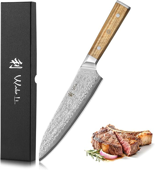 Wakoli Oribu Kiritsuke Chef's Knife I 20 cm blade made of 67 layers of Damascus steel, olive wood handle