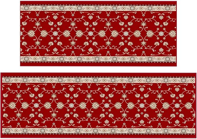 Ottomanson 2-Piece Kitchen Rug Set - Non Slip Runner & Washable Mat - 1'11" x 4' + 1'11"' x 5' - Durable, Stain Resistant for Entryway, Bedroom and Bathroom, Mahal Red