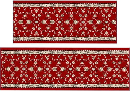 Ottomanson 2-Piece Kitchen Rug Set - Non Slip Runner & Washable Mat - 1'11" x 4' + 1'11"' x 5' - Durable, Stain Resistant for Entryway, Bedroom and Bathroom, Mahal Red