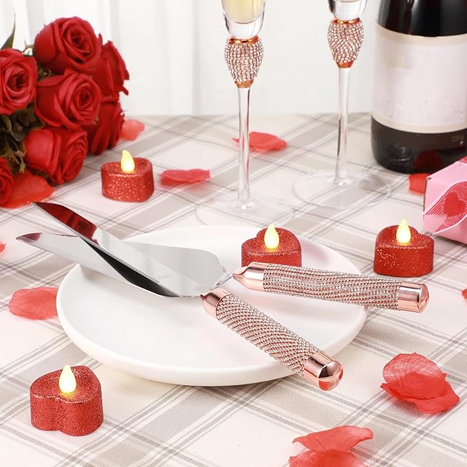 Boao 4 Piece Wedding Champagne Flutes and Cake Knife Server Set Crystal Mr and Mrs Toasting Flutes Rhinestone Cake Cutting Set for Bride and Groom Wedding Engagement Bridal Shower Gifts(Rose Gold)