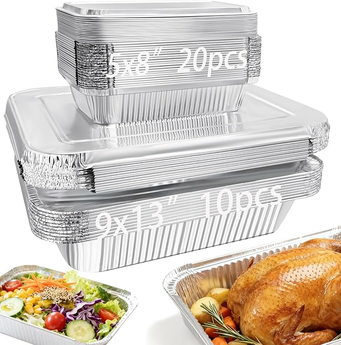 Notwoe 30pc Disposable Aluminum Pans With Lids, 9x13 (10pc) And 8.2x5.7 Square (20pc) Combo Set, Disposable Baking and Cake Pan. (30 Pack w/Lids)