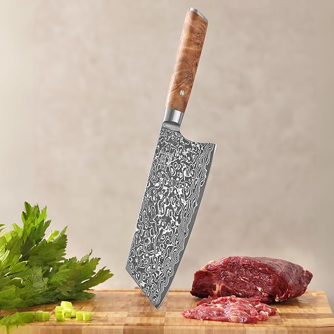 zayiko Kinone Kiritsuke Knife – 7.9-Inch Damascus Chef Knife | 67 Layers Damascus Steel with VG10 Core | Ergonomic Birch Root Wood Handle | Professional Kitchen Knife in Gift Box