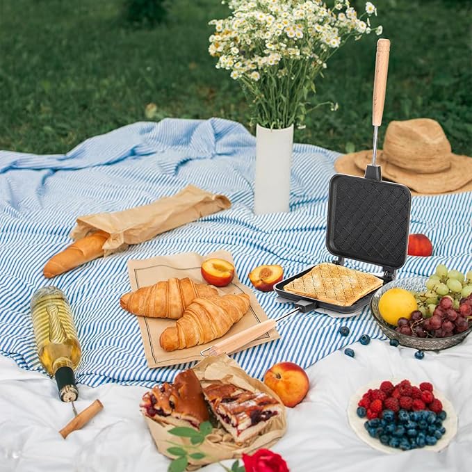 Hot Sandwich Maker, Non-stick Grilled Panini Maker Pan with Handle, Stovetop Camping Sandwich Toaster Aluminum Flip Pan for Toast, Waffle, Breakfast