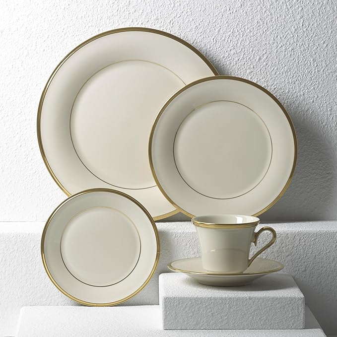Lenox Dinnerware Set, Eternal 5-Piece Place Setting, 24-Karat Gold Accents Set, Service for 1, Made Of Ivory Porcelain, Dishwasher Safe, Plates, Cups And Saucers, Home And Kitchen (Ivory, 5 Pcs)