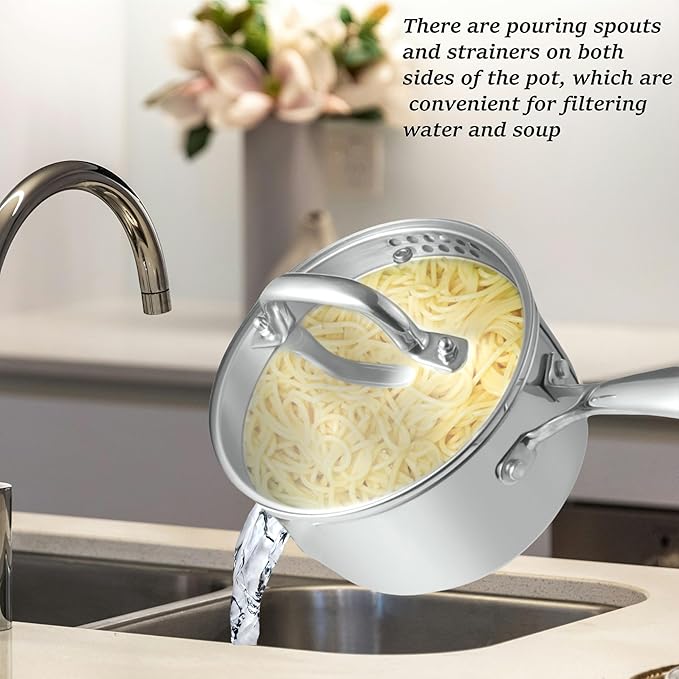 KANGXW 3.0 Quart Stainless Steel Saucepan With steamer,With Pour Spout and Filter Glass Lid Milk Pan, Sauce, Gravy, Pasta Stock Pot For All Stovetops(3.0 Quart With steamer)