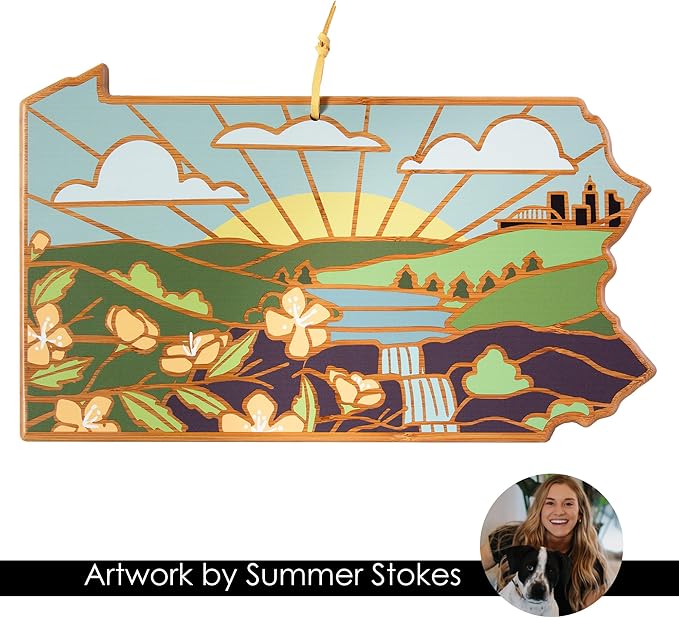 Totally Bamboo Pennsylvania State Shaped Cutting Board and Charcuterie Serving Platter with Artwork by Summer Stokes, Includes Hang Tie for Wall Display