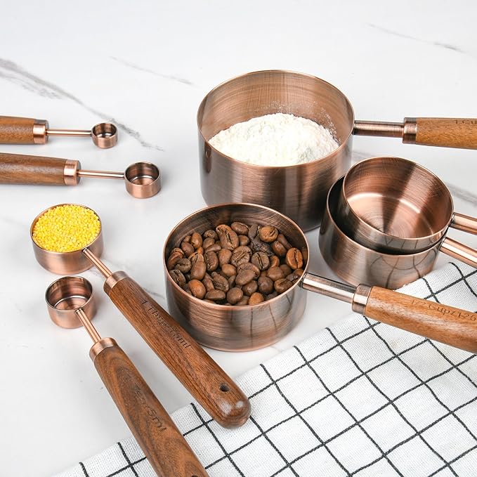 Measuring Cups and Spoons Set with Wood Handle, Stainless Steel Measuring Cup and Spoons Set, Copper Measuring Cups and Spoons for Kitchen & Baking