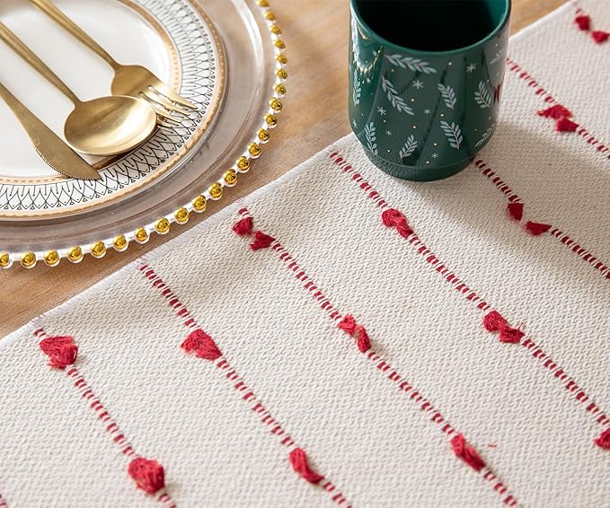 Caflife Christmas Table Runner 108 Inchs Long for Modern Farmhouse Room Home Christmas Decorations, Boho Red Table Runner, Natural Cotton Woven with Tassels for Holiday Kitchen and Dining Table Decor