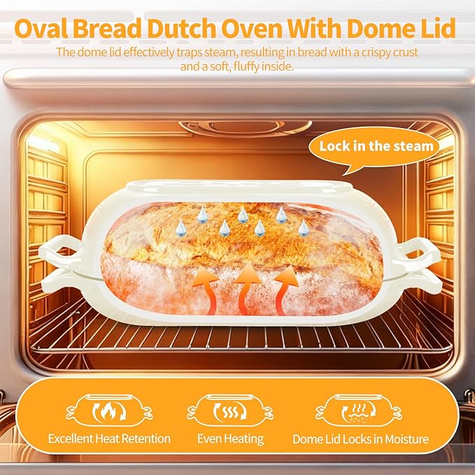 Oval Dutch Oven for Bread Baking, 6QT Enameled Cast Iron Oval Dutch Oven Pot with Lid and Dual Handles, Ceramic Sourdough Bread Baker with Bread Dome, Cooking, Frying, Non-stick Enamel Coated Cookware