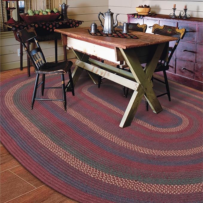 Homespice Jamestown Braided Jute Area Rugs 8x10' - Burgundy and Navy Oval Rugs for Rustic Primitive Decor