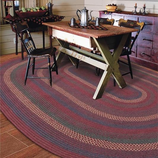 Homespice Jamestown Braided Jute Area Rugs 8x10' - Burgundy and Navy Oval Rugs for Rustic Primitive Decor