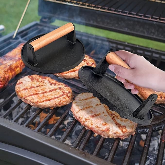 7 Inch Cast Iron Burger Press, Leonyo Smash Burger Press Weight, Heavy-Duty Hamburger Smasher Tool Griddle Accessories Kit for Cooking Bacon Steak Sandwich, Outdoor BBQ Grill - Round