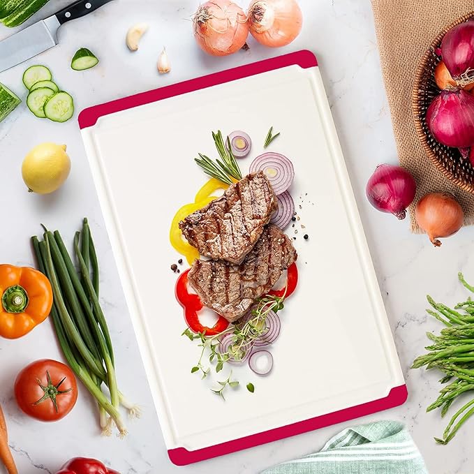 Large Kitchen Plastic Cutting Board - Dishwasher Safe Non-Slip Cutting Boards with Juice Grooves, Easy Grip Handles - Large and Thick Chopping Board Red