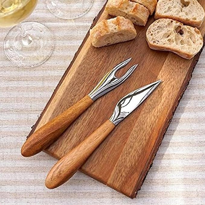 nambe Curvo Cheese Set | Cheese Knife and Fork Utensil Set for Charcuterie Board | Made of Stainless Steel and Acacia Wood | Designed by Steve Cozzolino
