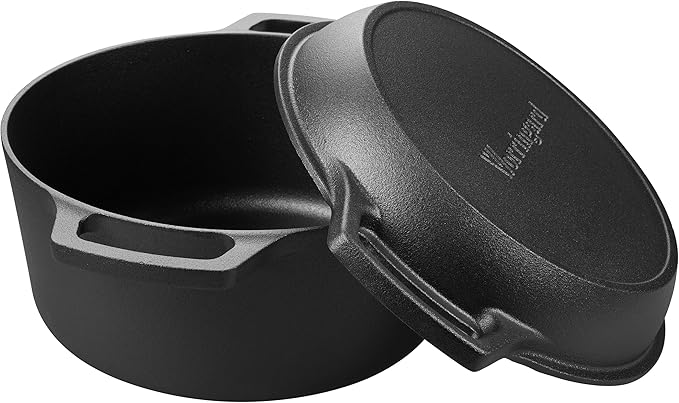 VORRINGARD Pre-seasoned Cast Iron Double Dutch Oven Pot with Skillet Lid, Dual-handle, for Bread Baking, Outdoor, Campfire Cooking, include Sourdough Bread Baking Supplies like Banneton Bread Proofing Basket, 5 Quart