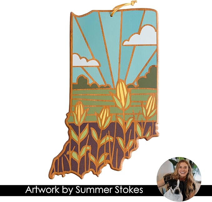 Totally Bamboo Indiana State Shaped Cutting Board and Charcuterie Serving Platter with Artwork by Summer Stokes, Includes Hang Tie for Wall Display