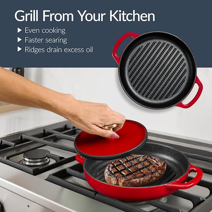 Best Choice Products Non-Stick Pot & Pan Cookware Set, Cast Iron, 2Qt Skillet W/Lid, 10" Grill Or Griddle Pan W/Press, 6Qt Enameled Dutch Oven, Non-toxic, For Cooking & Grilling - Red