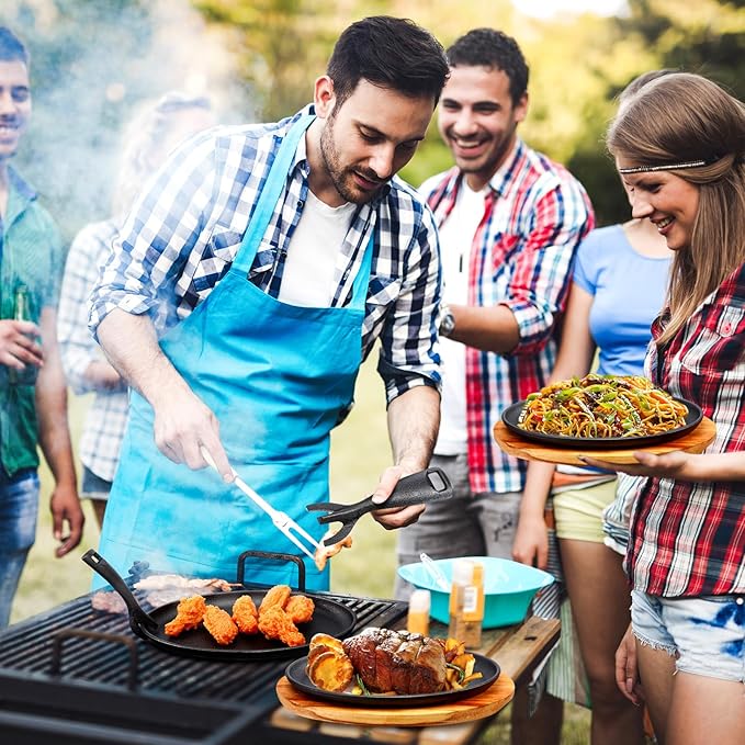 FoldTier 6 Sets Cast Iron Skillet Set 10.63'' x 6.89'' Fajita Plate Sizzling Pan with Wooden Base Anti Scald Protection Removable Handle for Restaurant Kitchen Cooking Accessory BBQ Party
