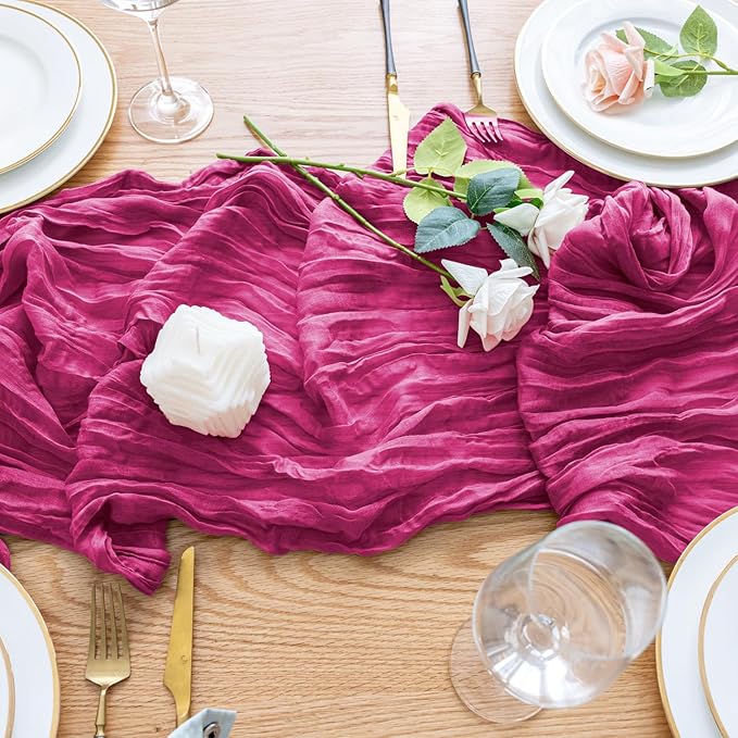 Wokceer Cheesecloth Table Runner Fuchsia 10FT Boho Gauze Cheese Cloth Table Runner for Party Long Rustic Sheer Table Runners for Baby Bridal Shower Wedding Easter Table Decor