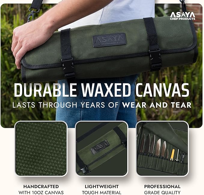 Asaya Canvas Chef Knife Roll Bag - 10 Knife Slots and a Large Zipper Pocket - Durable 10oz Canvas Knife Case with an Adjustable Shoulder Strap - Knives not Included (Forest Green)