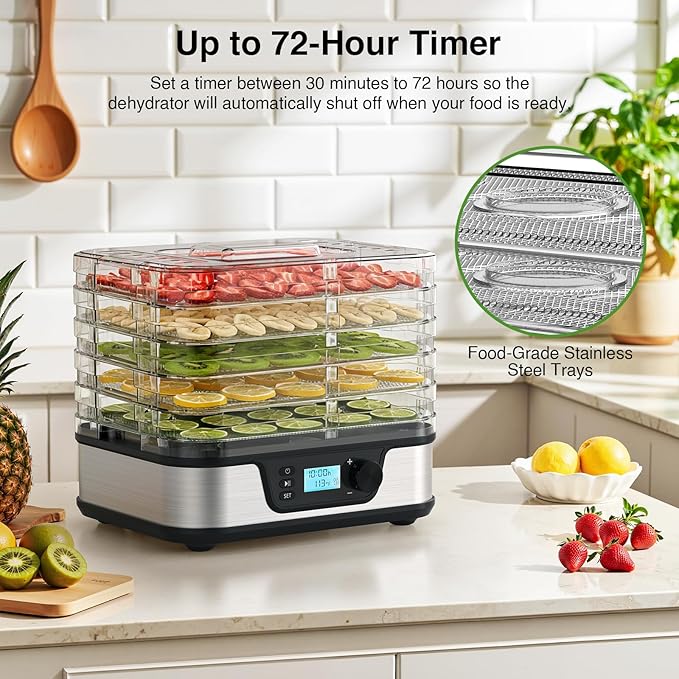 Food Dehydrator, Silver | 5 Stainless Steel and BPA-free trays, Adjustable Temperature, 72H Timer, Dehydrator for Meats, Jerky, Fruits, Veggies and Pet Treats