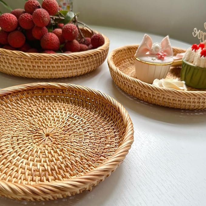 9 Inch Rattan Basket Tray Woven Round Decorative Wicker Tray Stackable for Kitchen Tabletop Fruit Candy Bread