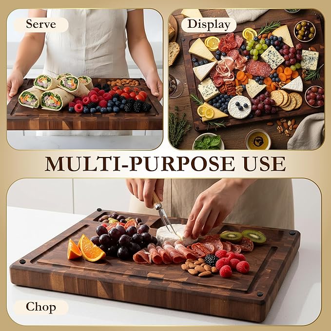 Premium Extra Large Thick End Grain Acacia Wood Cutting Board with Non-Slip Feet, Juice Groove, Sorting Compartments for Kitchen 20x15x1.5