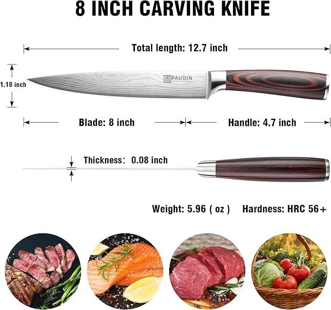 PAUDIN Carving Knife 8 inch, Ultra Sharp Brisket Slicing Knives, Premium Meat Cutting Knives German Stainless Steel, BBQ Knife with Ergonomic Handle, for Slicing Roast, Meats and Vegetables