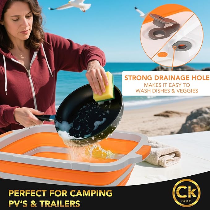 New LARGE Collapsible BBQ Prep Tub /LOCKING Lid, Cutting Board & Drain Hole | BPA-Free, Food-Grade, Recyclable, Space-Saving Buckets for Grilling, Camping, Kitchen & Outdoor Cooking (Orange, 8 Liters)