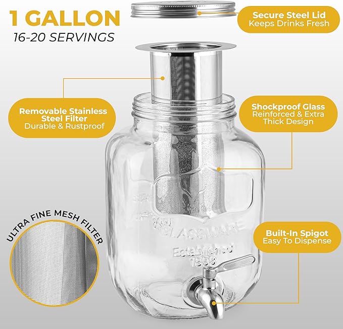 Zulay Kitchen 1 Gallon Cold Brew Coffee Maker with EXTRA-THICK Glass Carafe & Stainless Steel Mesh Filter - Premium Iced Coffee Maker, Cold Brew Pitcher & Tea Infuser (Silver)