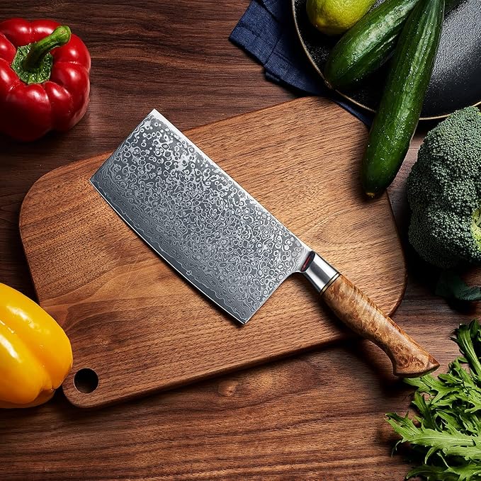SENKEN 7" Damascus Steel Cleaver Knife - Dynasty Collection - 67-Layer Japanese VG10 Steel w/ Sycamore Wood Handle, Razor Sharp Double Bevel 15° Edge