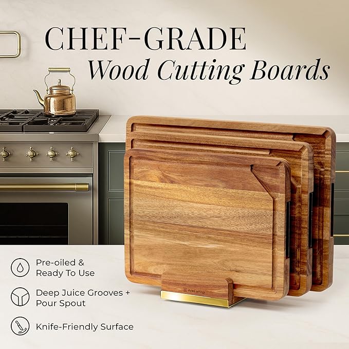 Wood Cutting Board Set with Holder – Double Sided Cutting Board with Handle (Gold) – 4 Piece Wooden Chopping Board Set with Stand – Reversible Charcuterie Tray for Stylish Kitchens