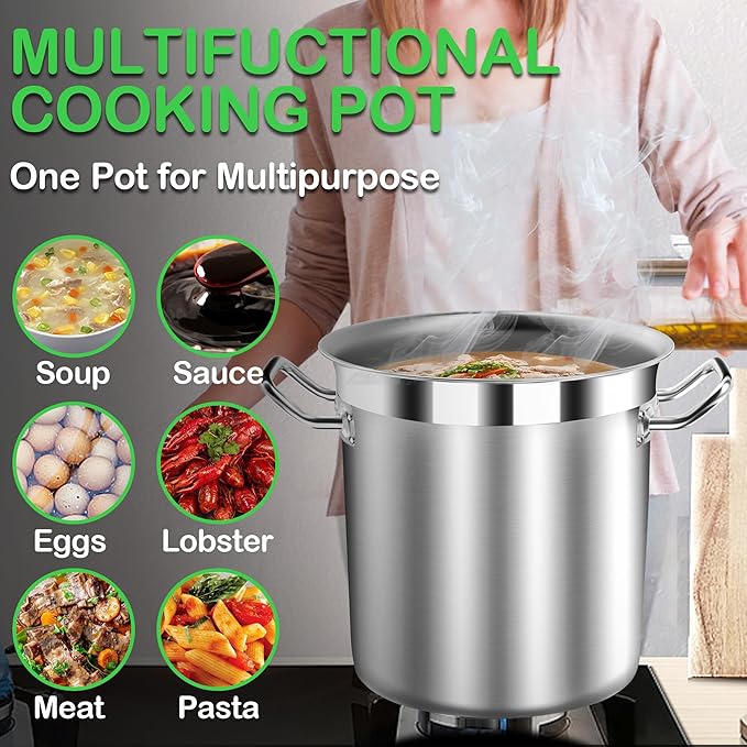 STOCKPOT Stainless Steel 24 Quart Stockpot with Tempered Glass Lid, 3-Ply Base, 6 Gallon, Polished Finish, Suitable for Stovetop and Oven, Dishwasher Safe