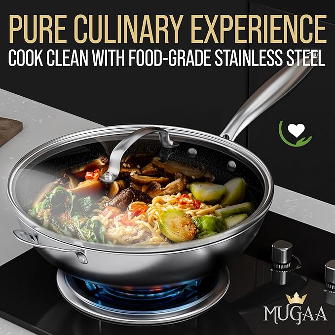 MUGAA 12.5” Nonstick Stainless Steel Wok Pan with Lid | Tri-Ply Honeycomb Hybrid Stir-Fry Pan | Nonstick Woks & Stir-Fry Pans | PFOA-Free, Induction, Dishwasher & Oven Safe