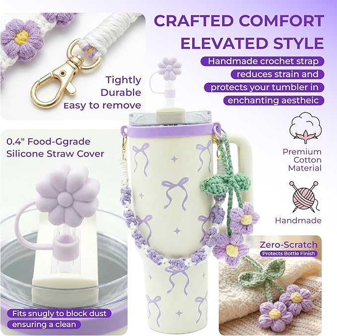 Water Bottle Accessories for Stanley Cup 40 oz 30 oz Tumbler, Including Handle Strap, Silicone Straw Topper Cover, Charm, Original Bow Sticker, Cute Birthday Gifts for Women Her Mom Daughter (Lilac)