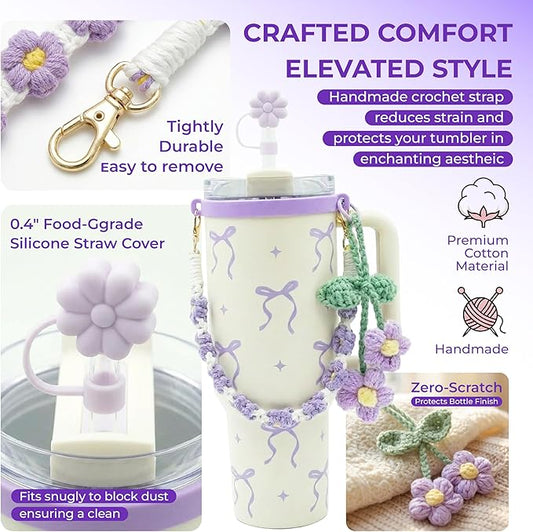 Water Bottle Accessories for Stanley Cup 40 oz 30 oz Tumbler, Including Handle Strap, Silicone Straw Topper Cover, Charm, Original Bow Sticker, Cute Birthday Gifts for Women Her Mom Daughter (Lilac)