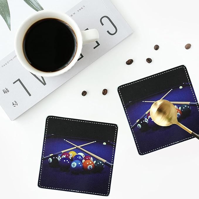 Marble Coasters Square Leather Drinks Coaster Set with Holder for Coffee Table Bar Home Decor 4 Inches Set of 6 (Billiards, One Size)