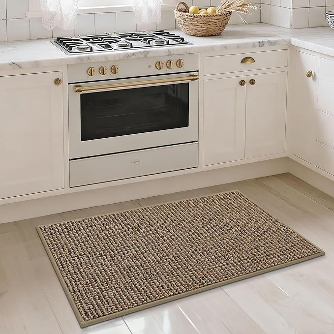 JSEI Kitchen Rugs, 17''x30'' Non-Slip Kitchen Mats for Floor, Machine Washable Absorbent and Stain Resistant Kitchen Runner, Carpet Mats with TPR Backing for Kitchen, Taupe